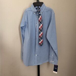 Izod Kids Blue Checkered Button Down Shirt with clip on Tie